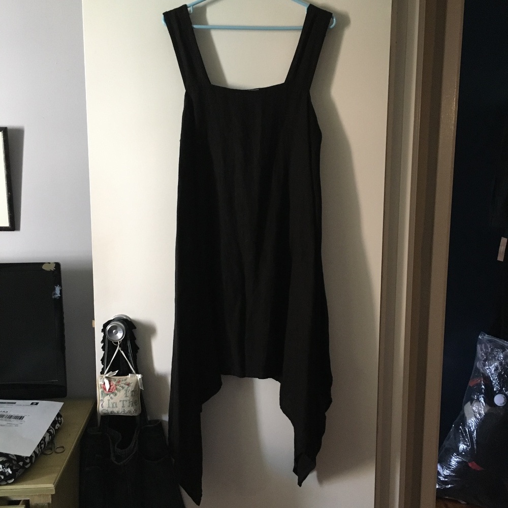 VERANDAH Pure Linen Black Apron Pullover Handkerchief Hem Dress XL